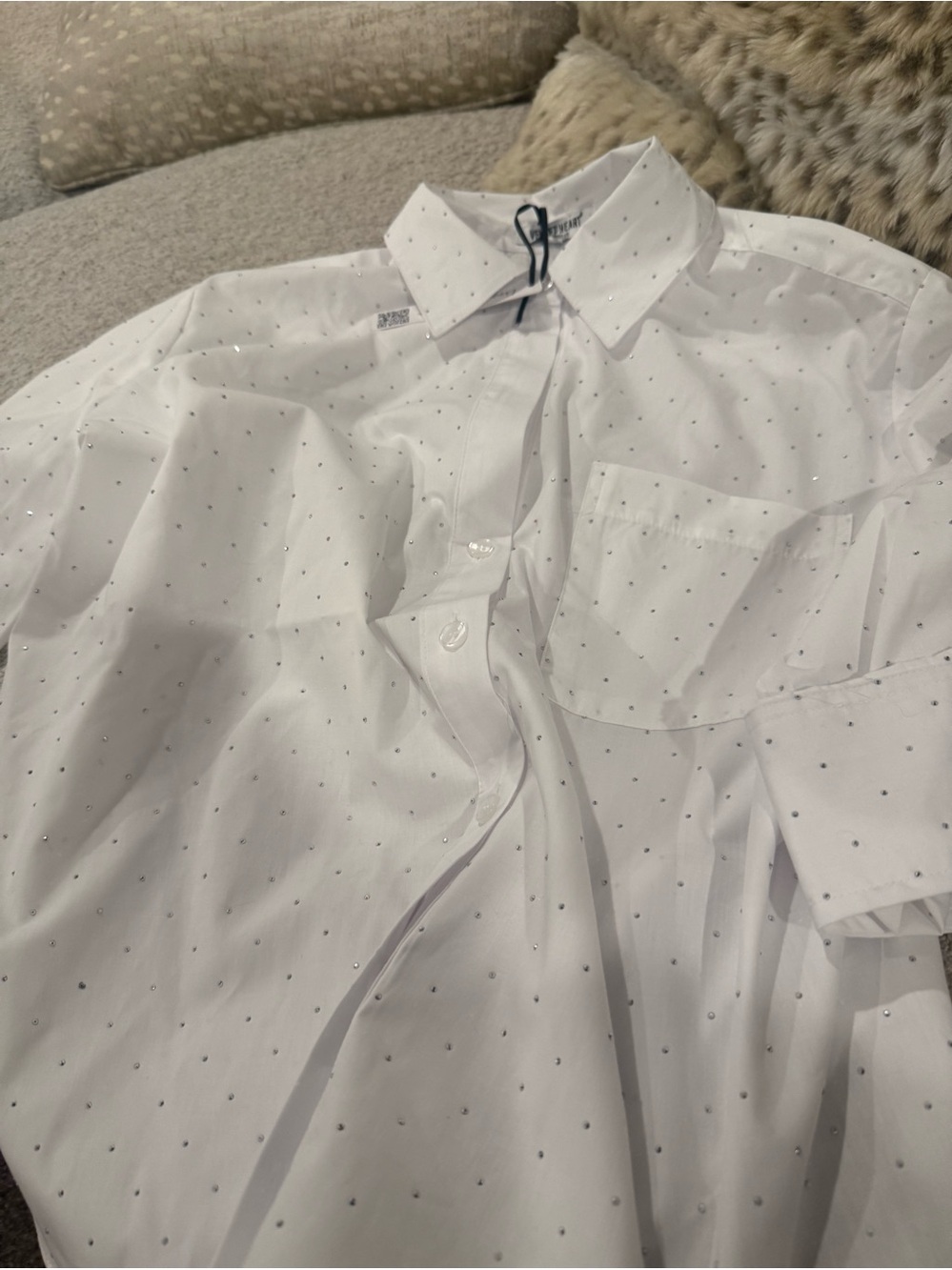 White Women’s long Sleeve Microdot Shirt button down with rhinestones